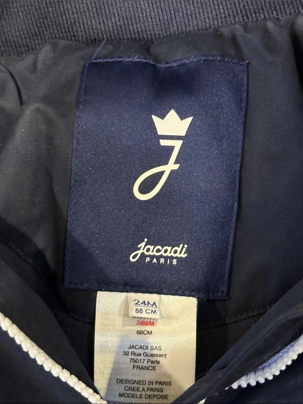 Baby Boy Navy Hooded Zip Jacket with White Zipper